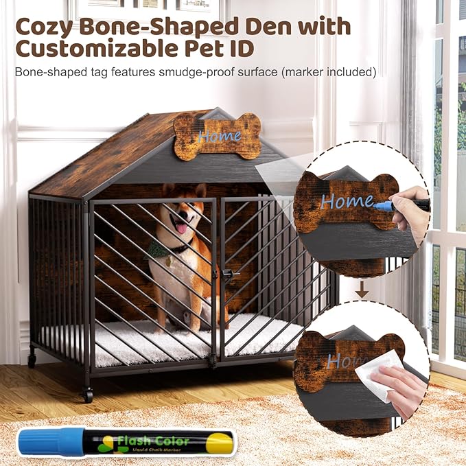 Furniture-Style Dog Crate with Gable Roof Design, Double Locking Doors Indoor Kennel for Small & Medium Dogs, Chew-Proof Escape-Proof Dog Cage, Rustic Brown-PawvioPets
