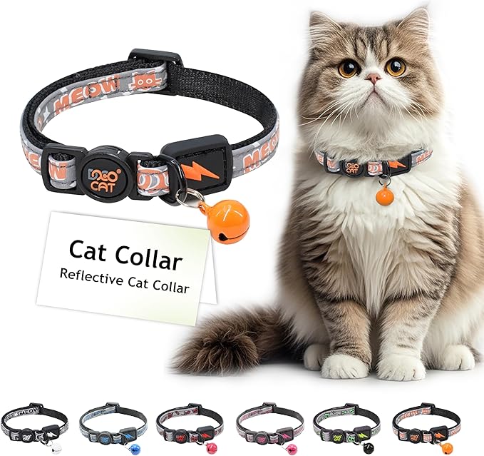 DOCO Cat Collar (Neck Girth - 3/8" x 7.5-12", Weight Upto - 13lb) Reflective Cat Collar with Bell, Breakaway Safety Buckle, Adjustable Nylon Strap for Kittens & Adult Cats (Orange)-PawvioPets