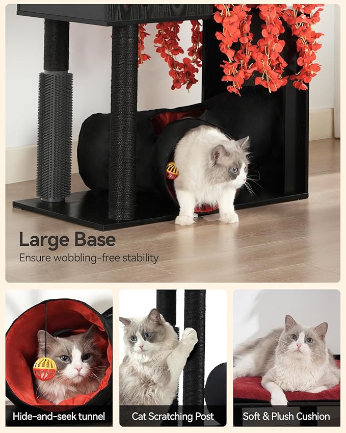 FourFurPets Gothic Cat Tree, 67" Cat Tower for Indoor Cats, Maine Coon Cat Tree for Large Cats 20 lbs+ with Extra-Large Padded Platform, Sisal-Covered Scratching Posts, Comfy Basket, Black & Red-PawvioPets