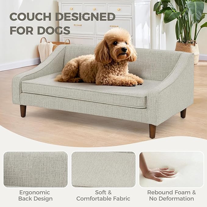Dog Sofa Couch for Medium to Large Dogs, Durable Pet Sofa with Washable Fabric, Elevated Mini Dog Bed with Wooden Legs for Medium and Large Dogs, Beige-PawvioPets