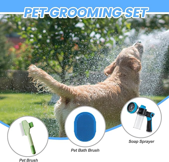 Dog Wash Hose Attachment, 10-in-1 Spray Mode Pet Shower Soap Sprayer with Grooming Comb Rubber Brush, Hose Nozzle with 100cc Soap Dispenser, for Watering, Car Wash, Dog and Horse Showering (Blue)-PawvioPets
