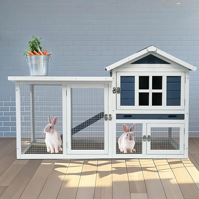 GARWOOD Large Outdoor Indoor Rabbit Hutch Wooden Bunny Rabbit Cage 2-Story with Run No-Leak Pull-Out Tray Waterproof Asphalt Roof Ramp for Guinea Pig Small Animal Wood Pet House Home Blue White-PawvioPets
