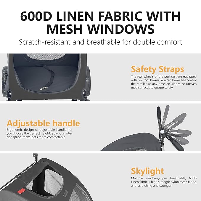 Extra Large Dog Stroller for Medium & Large Pets - Foldable Design, Adjustable Handle, Up to 130 lbs(Black)-PawvioPets