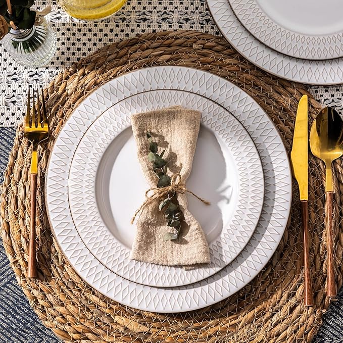 GBHOME Ceramic Dinnerware Sets,18 pcs Embossed Elegant Stoneware Plates and Bowls Sets, Housewarming Wedding Gift | Dishwasher & Microwave Safe | Dishes Set Service for 6-PawvioPets