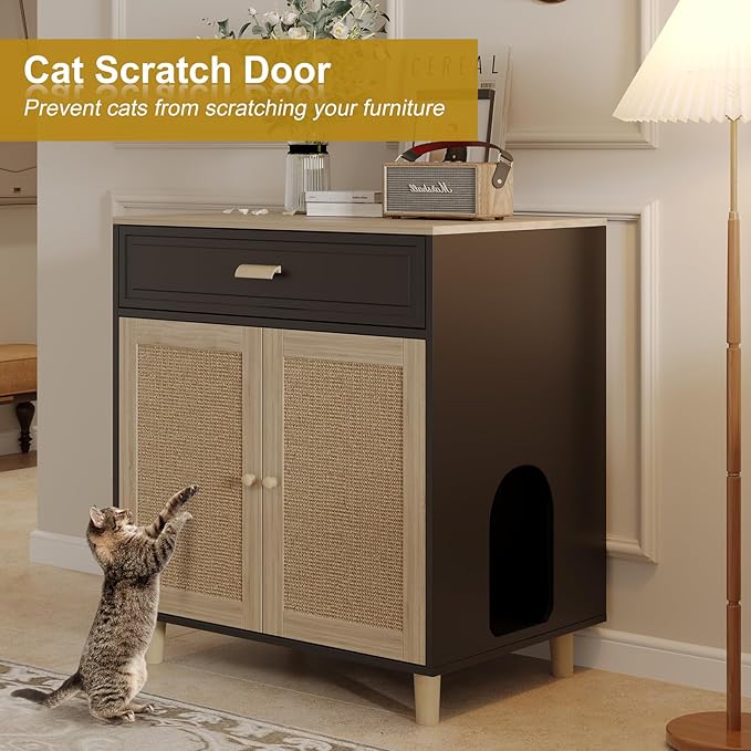 Cat Litter Box Enclosure Furniture Hidden - Indoor 2-in-1 Wooden Cat House & Washroom Cabinet with Scratching Board Doors and Drawer, 31.5”x21.6”x34.6”, Black-PawvioPets