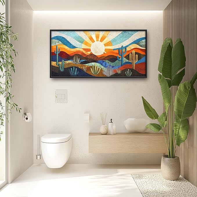 Extra Large Framed Abstract Boho Desert Wall Art, Sun Cactus Landscape Wall Decor Pictures for Living Room,Cacti Canvas Print Painting Modern Artwork Bedroom Office Bathroom Home Decor 60L x 30W-PawvioPets