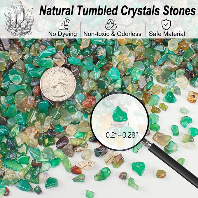 3 Lb Green Agate Crushed Stone Crystal Chips Bulk, Natural Polished Aquarium Stones Pebbles Irregular Decorative Rocks for Fish Tank, Vase Fillers, Succulent Plants Decor-PawvioPets