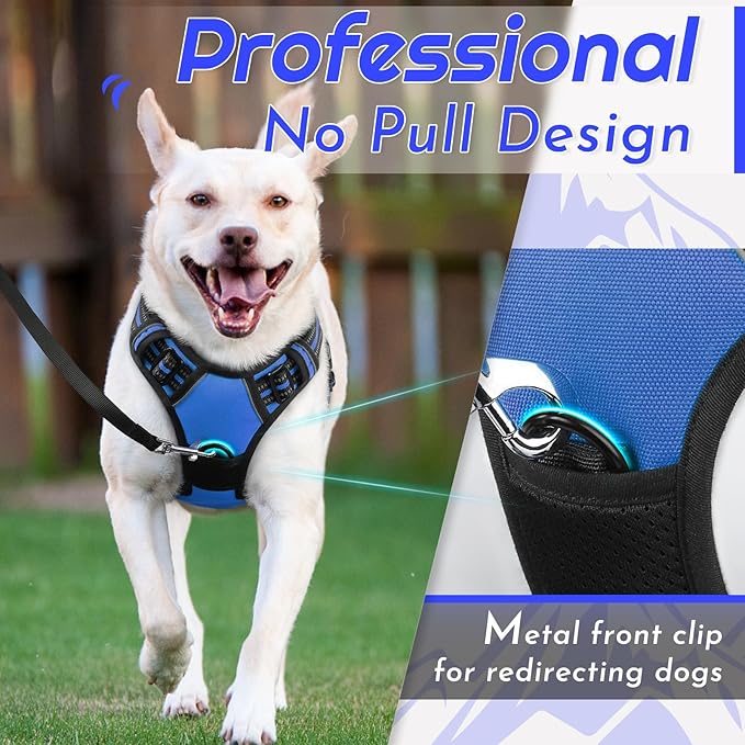 Eagloo Dog Harness for Large Dogs, No Pull Service Vest with Reflective Strips and Control Handle, Adjustable and Comfortable for Easy Walking, No Choke Pet Harness with 2 Metal Rings, Blue, L-PawvioPets