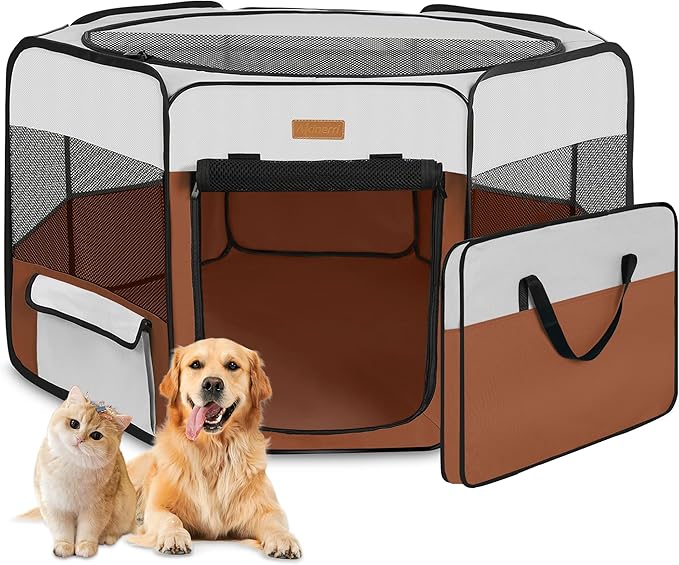 Dog Playpen, Portable Pet Play Pen for Cat, Puppies, Rabbits, Chickens, Foldable Large-Capacity Pet Tent for Indoor/Outdoor Travel Camping Brown-PawvioPets