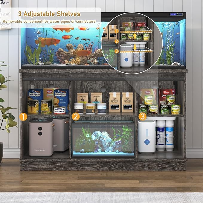 Farmhouse 55-75 Gallon Fish Tank Stand with Power Outlet, Aquarium Stand with Cabinet&Sliding Barn Door, Heavy Duty Reptile Tank Stand for 2 Fish Tank/Turtle Tank/Reptile Terrarium, Grey-PawvioPets