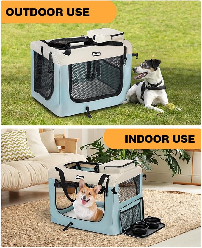 Extra Large Dog Crate with 2 Foldable Bowl, 36 Inch Collapsible Travel Dog Crate Kennel with Soft Blanket for Medium Dogs,Indoor & Outdoor (36" L x 25" W x 25" H, Blue)-PawvioPets