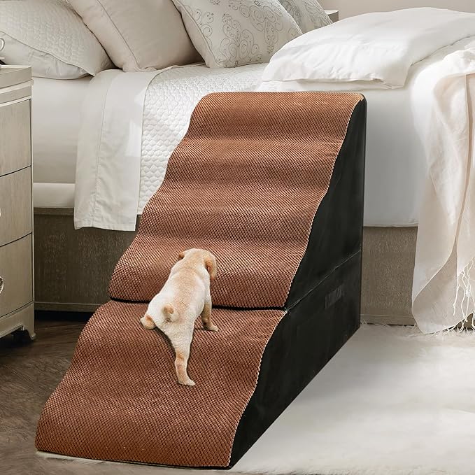 Dog Steps for High Beds 30-32" H - 6-Step Dog Stairs for Small Dogs, 33D Foam Pet Steps for High Bed with Non-Slip Bottom and Washable Cover, Dogs Ramp for Bed Indoor, Brown-PawvioPets
