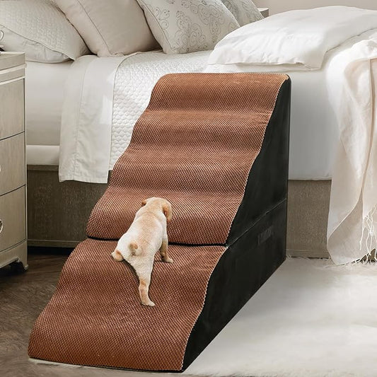 Dog Steps for High Beds 30-32" H - 6-Step Dog Stairs for Small Dogs, 33D Foam Pet Steps for High Bed with Non-Slip Bottom and Washable Cover, Dogs Ramp for Bed Indoor, Brown-PawvioPets