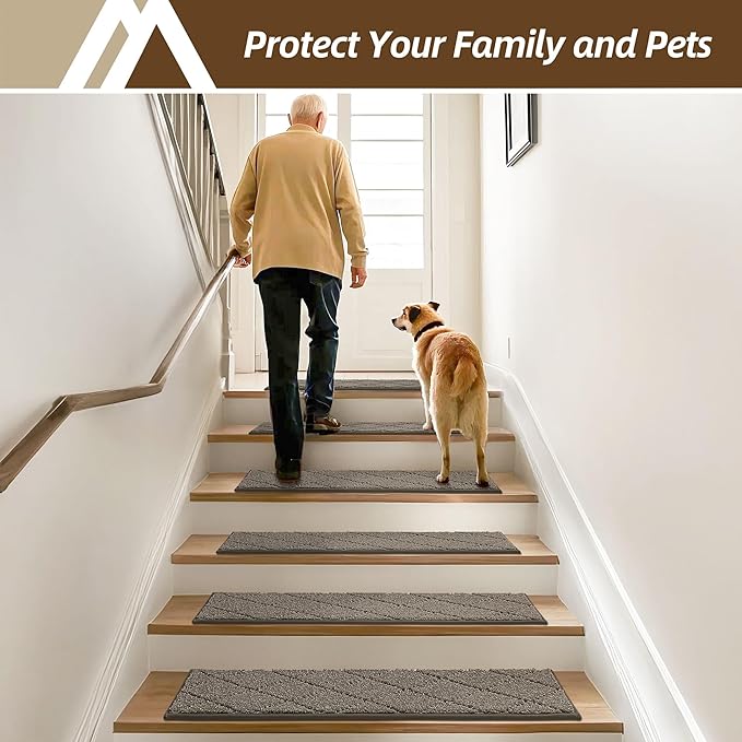 COSY HOMEER Stair Treads for Wooden Steps 9"x28" Washable Indoor Carpet Stair Treads Non Slip Soft Polyester Stair Carpet Tread Reusable Stair Runner Rugs for Kids, Elders,Pets,Light Brown,10pcs-PawvioPets