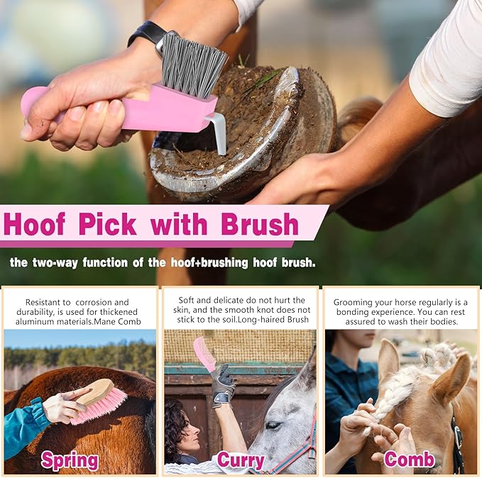 Abbylike 12 Pieces Horse Grooming Kit Racing Festival Tack Room Supplies Horse Brush Sets Equine Care Cleaning Kit Shedding Grooming Massaging Tools(Pink and Grey)-PawvioPets