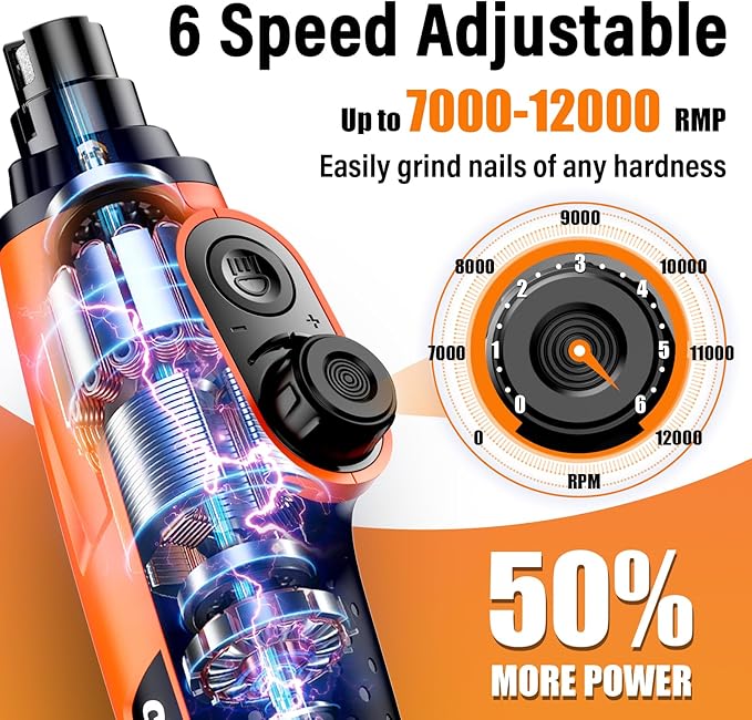 Casfuy Smart 6-Speed Dog Nail Grinder - 50% More Power Pet Nail Grinder with 2 LED Lights Quiet Rechargeable Electric Dog Nail Trimmers File Toenail Grinder for Large Medium Small Dogs & Cats(Orange)-PawvioPets