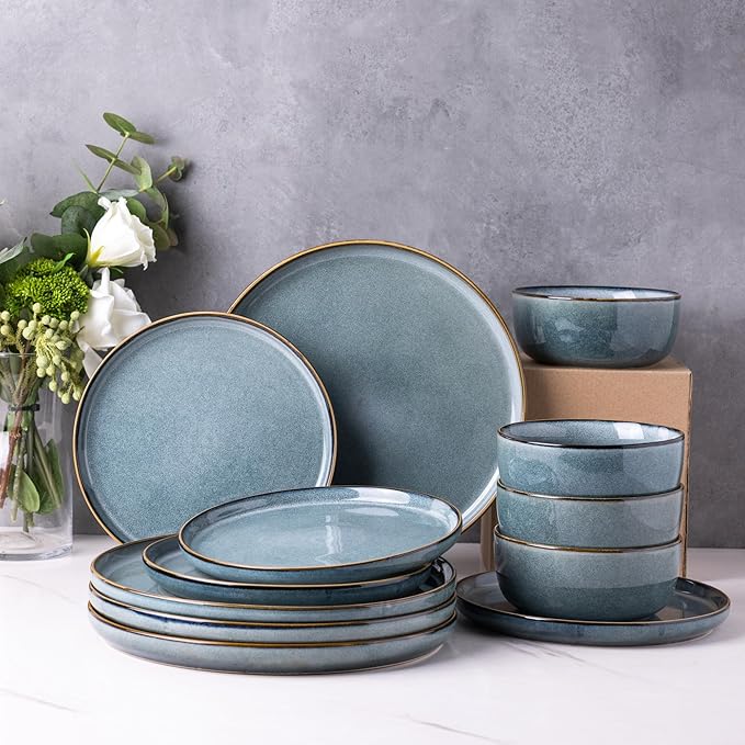 GBHOME Ceramic Dinnerware Sets for 4, 12 Pieces Stoneware Plates and Bowls Sets, Reactive Glaze Dishes -Scratch Resistant, Dishwasher&Microwave Safe, Space Blue-PawvioPets
