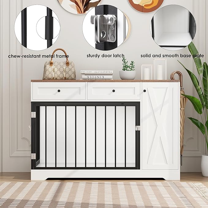 Dog Crate Furniture Kennel with Double Doors Wooden Pet House with 2 Drawers and Storage Cabinet, Indoor Dog Cage Farmhouse Modern Side End Table for Small Medium Dogs, White-PawvioPets