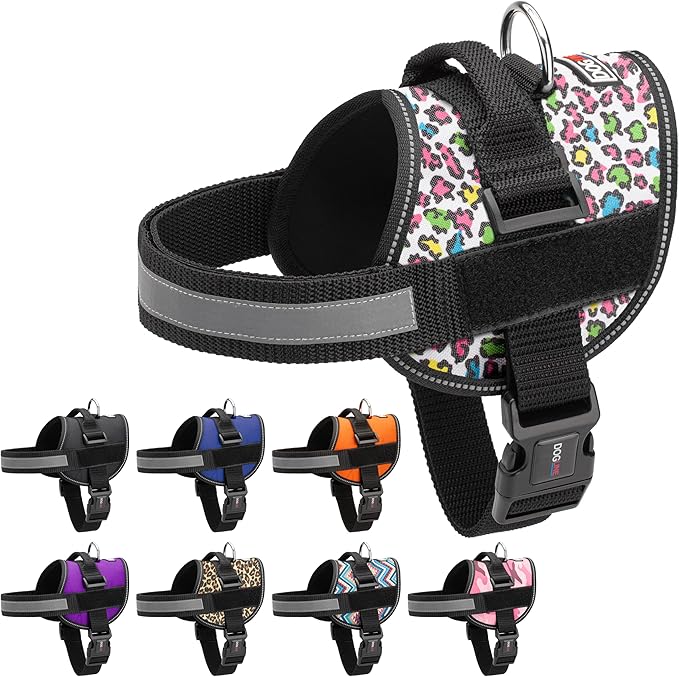 Dogline Dog Harness, Reflective No-Pull Adjustable Vest with Handle for Walking, Training, Breathable, No - Choke Harness for Small, Medium or Large Dogs Room for Patches Leopard Rainbow L 27"-34"-PawvioPets