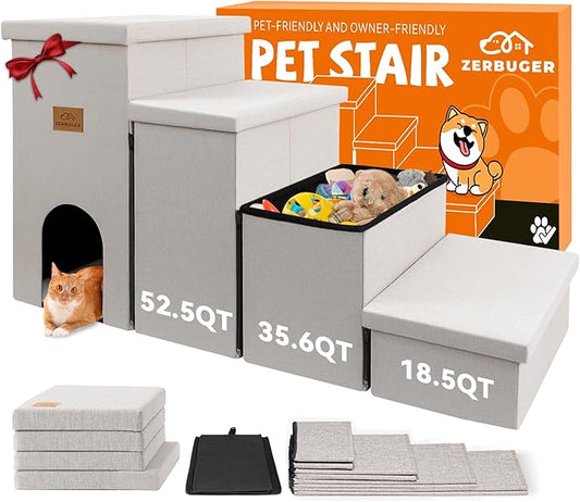 Dog Stairs with Condo 23" H, 4-Step Wider Folding Storage Pet Stairs Gift for Small/Medium/Large Old Dogs Cats, Dog Steps for High Beds Window, Ramp for Climbing Car Up to 200 lbs, Beige-PawvioPets