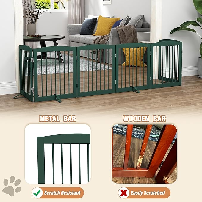 Freestanding Pet Gate for Dogs, Foldable Wooden Dog Gate for House, Extra Wide Indoor Pet Barrier for Stair, Doorway, Hall, Support Feet Included, 120 Inch Wide, 6 Panels 24",Green-PawvioPets