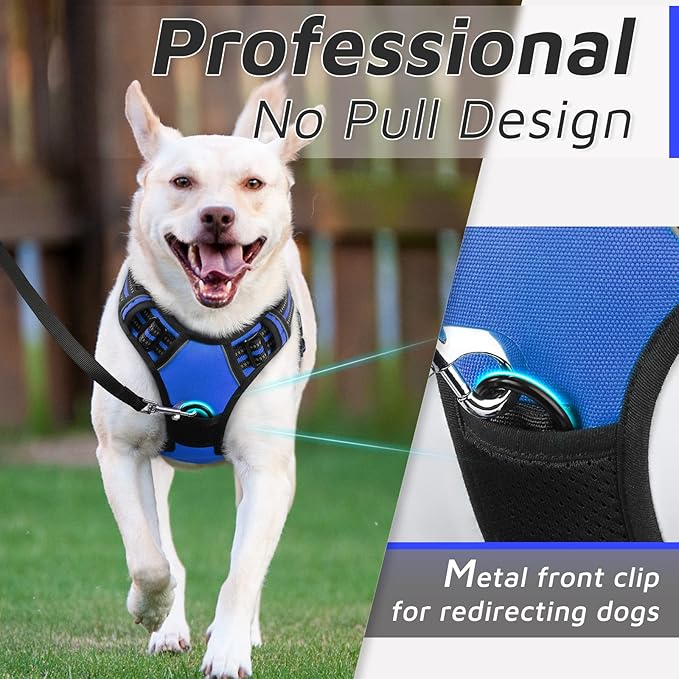Eagloo Dog Harness Medium Sized Dog, No Pull Service Vest with Reflective Strips and Control Handle, Adjustable and Comfortable for Easy Walking, No Choke Pet Harness with 2 Metal Rings, Blue, M-PawvioPets