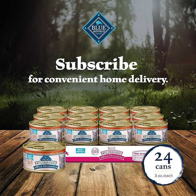 Blue Buffalo Wilderness Wild Delights Meaty Morsels Wet Cat Food, High-Protein & Grain-Free, Made with Natural Ingredients, Chicken & Turkey Recipe in Tasty Gravy, 3-oz. Cans (24 Count)-PawvioPets