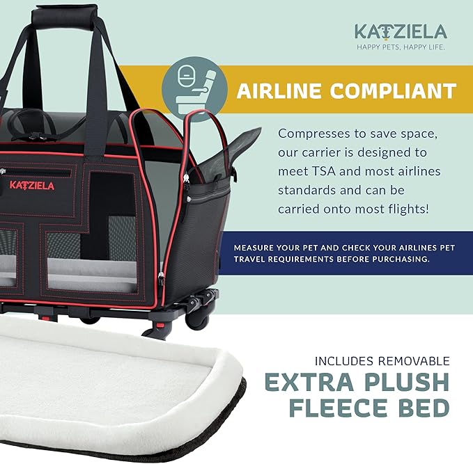 Airline Compliant Pet Carrier - Rolling Portable Travel Carry Crate for Small Dog Puppy or Cat - Soft Removable Wheeled Design with Mesh Window Sides - Airplane and TSA Compliant- by Katziela-PawvioPets