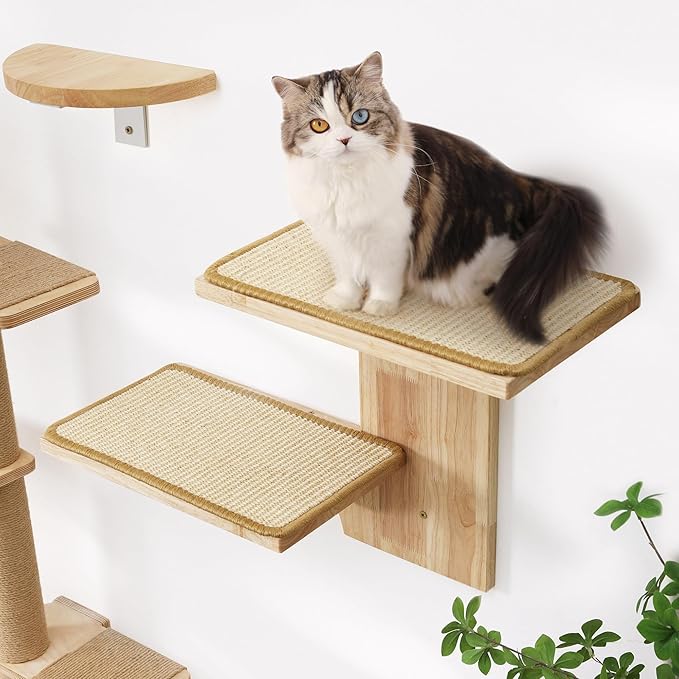 FUKUMARU Cat Wall Shelves, 2 Platform Kitten Wall Furniture, Tree Shape Wall-Mounted Floating Shelf with Sisal Mat, Solid Rubber Wood Cats Perch for 16 Inch Drywall, Suitable for Climb, Play, Nap-PawvioPets