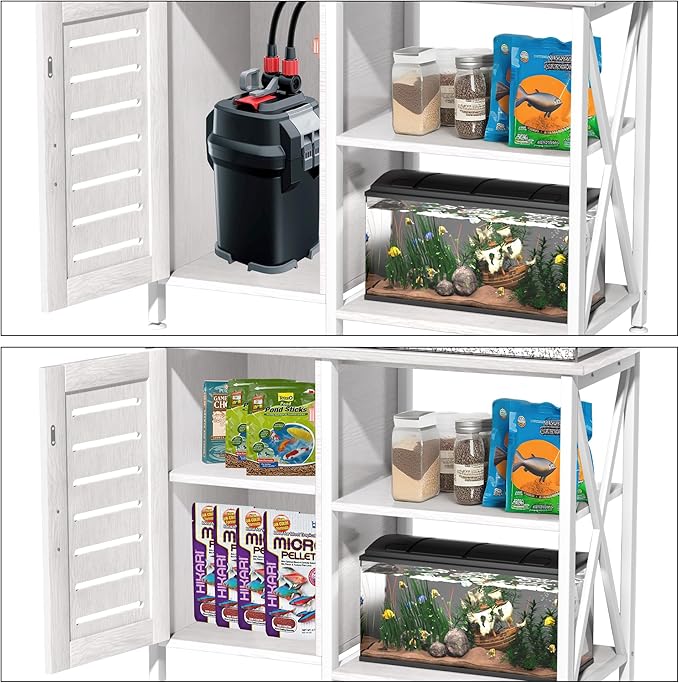 40-50 Gallon Fish Tank Stand, Aquarium Stand with Cabinet Accessories Storage, Heavy Duty Metal Frame, 40.55" L*18.89" W Tabletop, 850LBS Capacity, White PG02YGW-PawvioPets