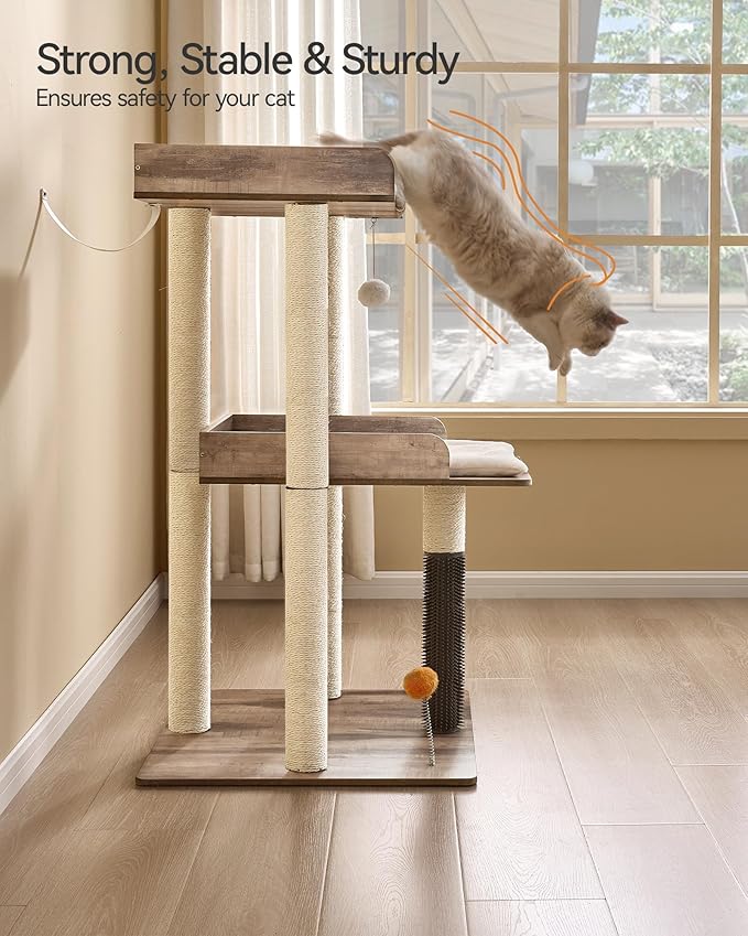 FourFurPets 43.7" Cat Tree, Modern Cat Tree Tower, Cat Tower for Indoor Cats Large Adult, Cat Condo with Scratching Post, Large Perch and Removable Pads, Greige-PawvioPets