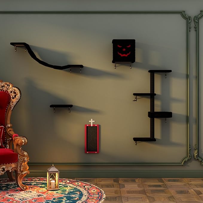 COZIWOW Wall-Mounted Cat Tree | Space-Saving Feline Furniture with Multiple Levels | Durable Scratch Post for Indoor Cats, Black&Red-PawvioPets