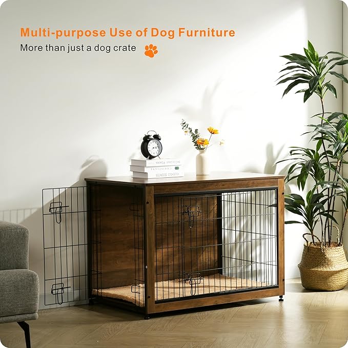 DWANTON Dog Crate Furniture with Cushion, Wooden Kennel Table with Double Doors, Indoor Dog House, Large Size, 38.5" L, Warm Brown-PawvioPets