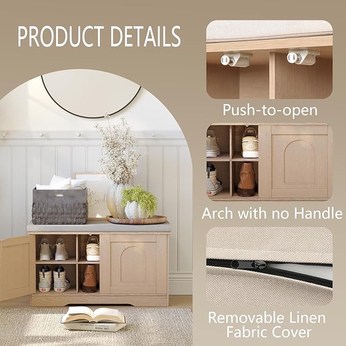 DINZI LVJ Shoe Bench, Entryway Storage Bench with Doors, Cushion, 2-Tier Shoe Rack with 6-Cubby, 31.5”L x 13.8”W Shoe Organizer Cabinet, Adjustable Shelf, Living Room, Bedroom, Natural-PawvioPets