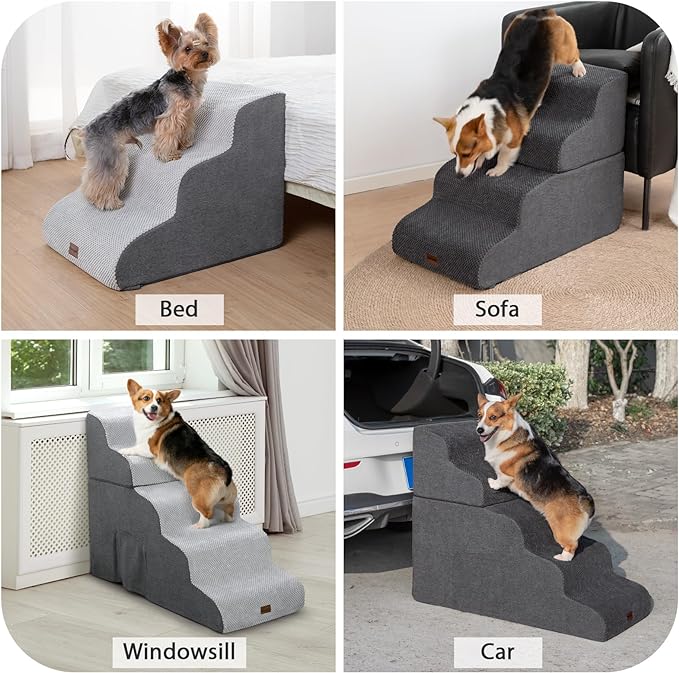 Dog Stairs for Couch Sofa and Chair, 3-Step Dog Steps for Small Dogs and Cats, Non-Slip Indoor Pet Step, Light Grey-PawvioPets