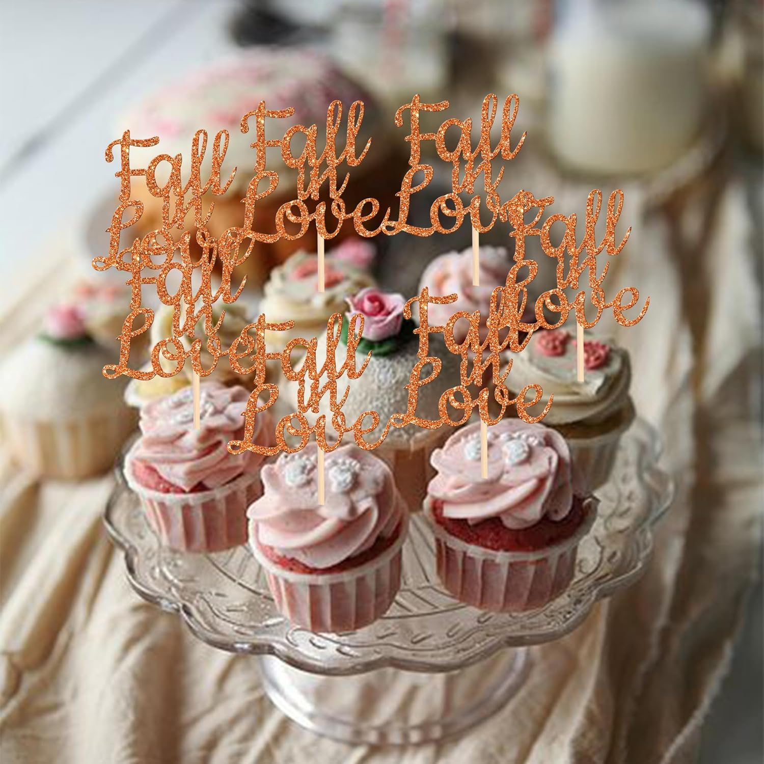 24 PCS Fall in Love Cupcake Toppers Glitter Fall Theme Bridal Shower Cupcake Picks for Autumn Wedding Engagement Anniversary Birthday Party Cake Decorations Supplies Orange