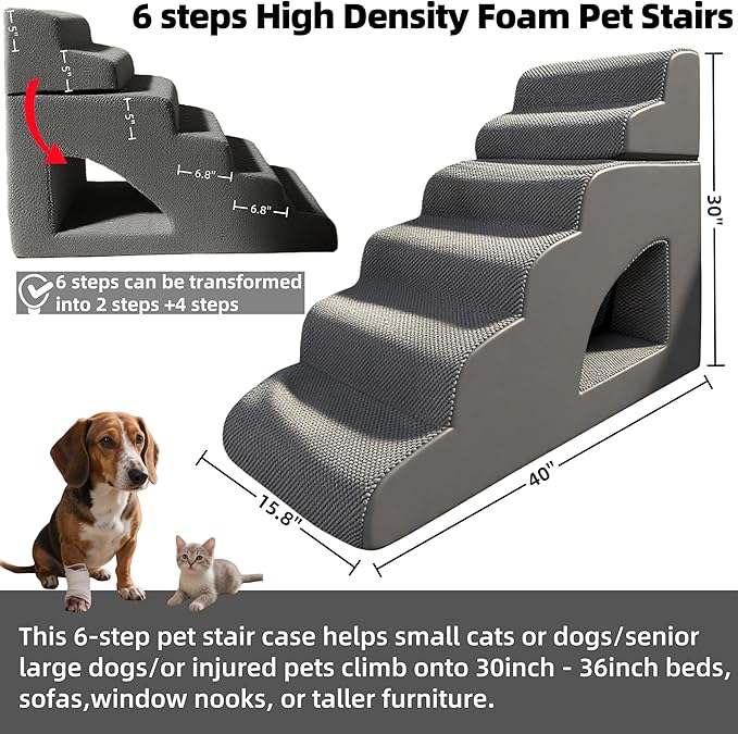 6 Step Pet Stairs Ramp for High Beds Sofas 18-36 Inch, Non-Slip Dog Stairs for Small Old Medium Large XL Dogs Cats, Sturdy 75 Pounds 33D Foam Balanced 6-Tier Ladder with Machine Washable Cover-PawvioPets