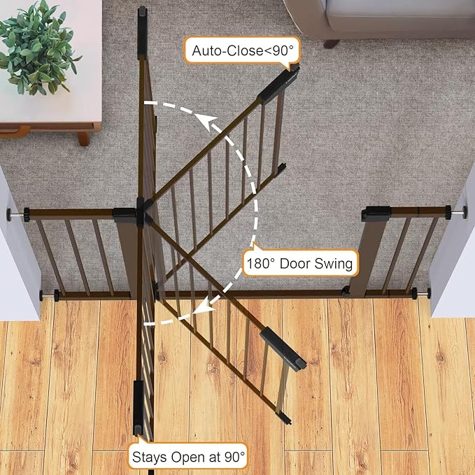 Cumbor 29.7-46" Baby Gate for Stairs, Mom's Choice Awards Winner-Auto Close Dog Gate for the House, Easy Install Pressure Mounted Pet Gates for Doorways, Easy Walk Thru Wide Safety Gate for Dog, Brown-PawvioPets