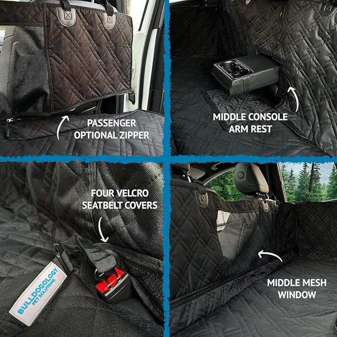Bulldogology Dog Car Seat Cover with Mesh & Zippers Waterproof Heavy Duty Dog Hammock Backseat Protector from Dog Hair, Muddy Paws, Scratches - Pet Car Seat Cover for Cars Trucks SUVs (Large, Black)-PawvioPets