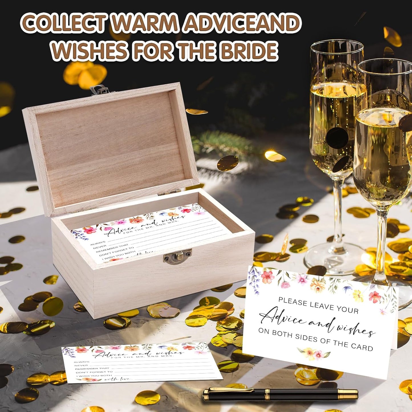 85 Pcs Advice and Wishes Cards Wooden Box Set for The Mr and Mrs,Pink Floral Rose Advice and Wishes Cards with Pen for the Groom and Bride,Bridal Shower Game,Wedding Party Decorations Supplies