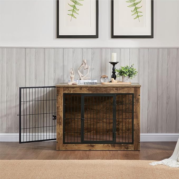 FLEXIMOUNTS Dog Crate Furniture with Cushion, Wooden Dog Kennel Furniture, Heavy Duty Dog Cage, 40" Dog Kennel with Double Doors, L-PawvioPets