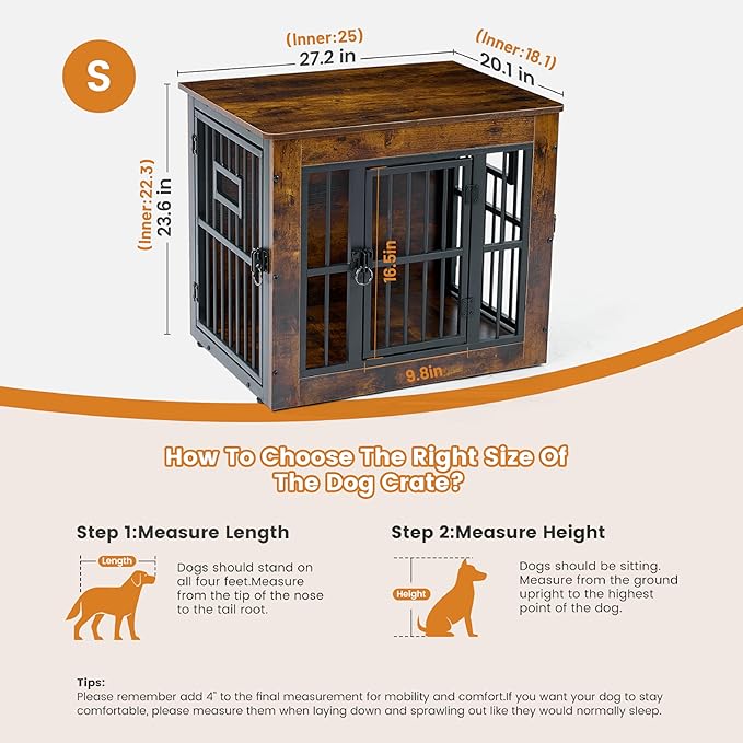 Gardner Pet Dog Crate Furniture for Small Dogs, 27.2 Inch Dog Kennel Indoor, Wooden Dog Cage End Table, Heavy Duty Dog Crate, Rustic Brown-PawvioPets