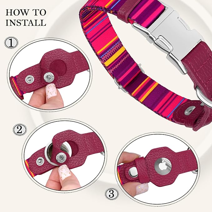 AirTag Dog Collar for Small Medium Large Breed - Adjustable Cute Pattern Dog Collar with Airtag Holder - Soft Leather Tracker GPS Apple Air Tag Pet Collars (Large, 17"-21" Neck Fit, Striped)-PawvioPets
