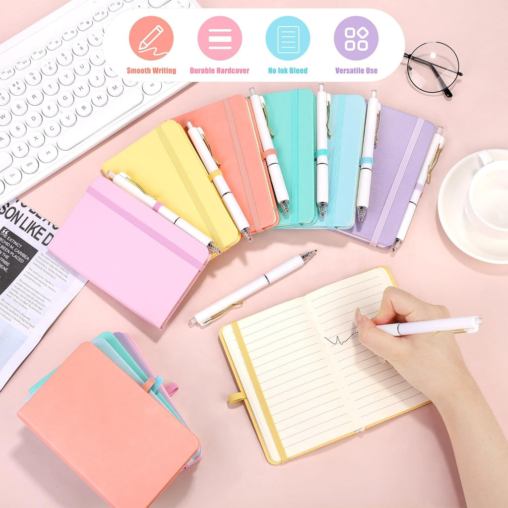 Aneco 50 Sets Pocket Notebook Journals with Pens, A6 Mini Hardcover PU Leather Lined Notebooks 3.5 x 5.5 Inch College Ruled Notepad With Pen Holder for Office School Supplies, Pastel Color