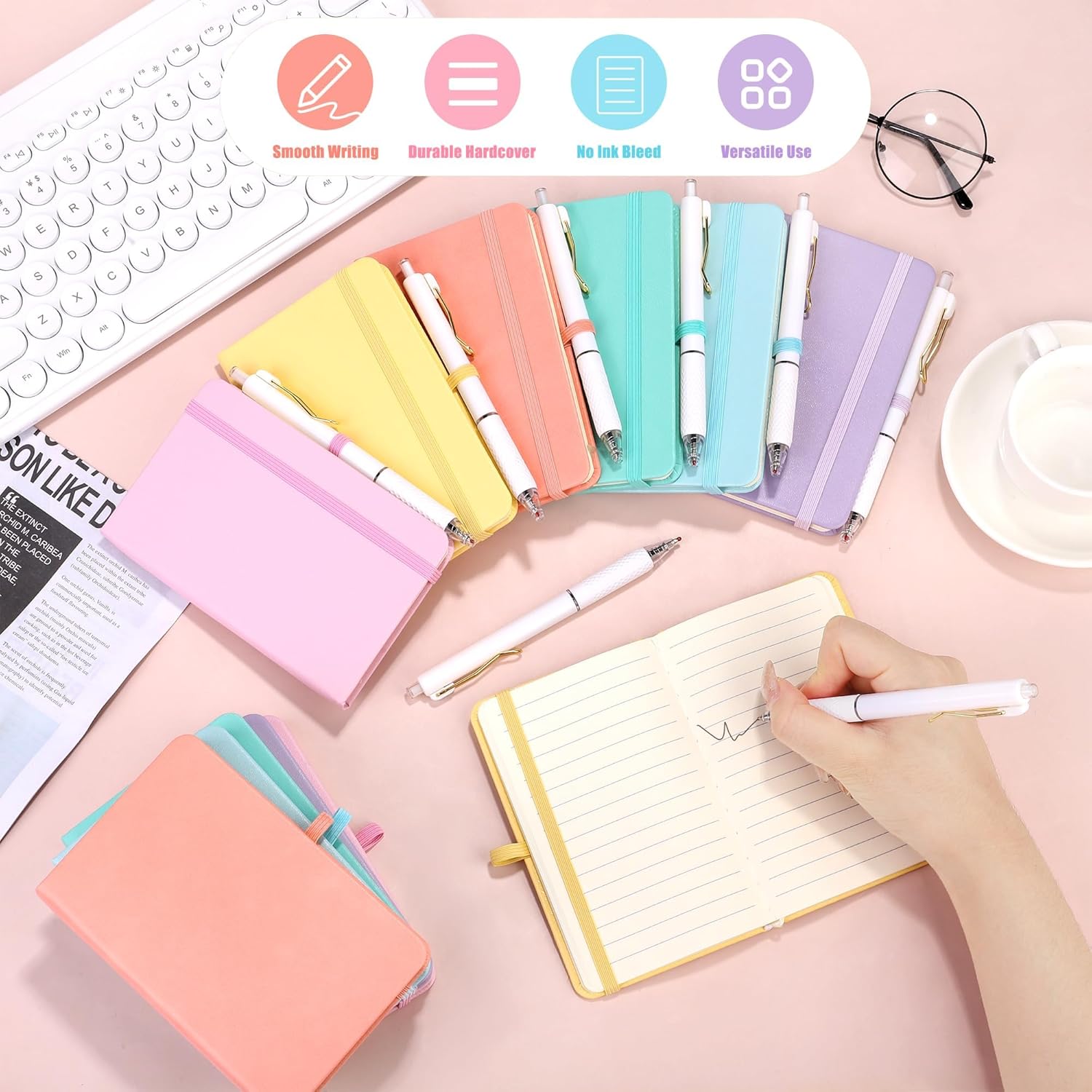 Aneco 50 Sets Pocket Notebook Journals with Pens, A6 Mini Hardcover PU Leather Lined Notebooks 3.5 x 5.5 Inch College Ruled Notepad With Pen Holder for Office School Supplies, Pastel Color