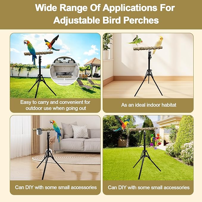 16-63 Inch Height Adjustable Bird Perch Pepper Wood Bird Training Perch Stand Parakeet Perches Indoor and Outdoor Parrot Stands for Small to Medium Bird-PawvioPets
