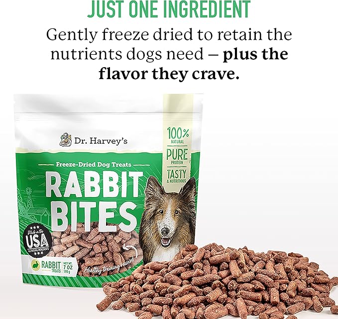 Dr. Harvey's Rabbit Bites Freeze-Dried Raw Dog Treats - Single Ingredient, All-Natural Rabbit Meat Protein for Dogs, Allergen-Free - 7 Ounces (3 Pack)-PawvioPets