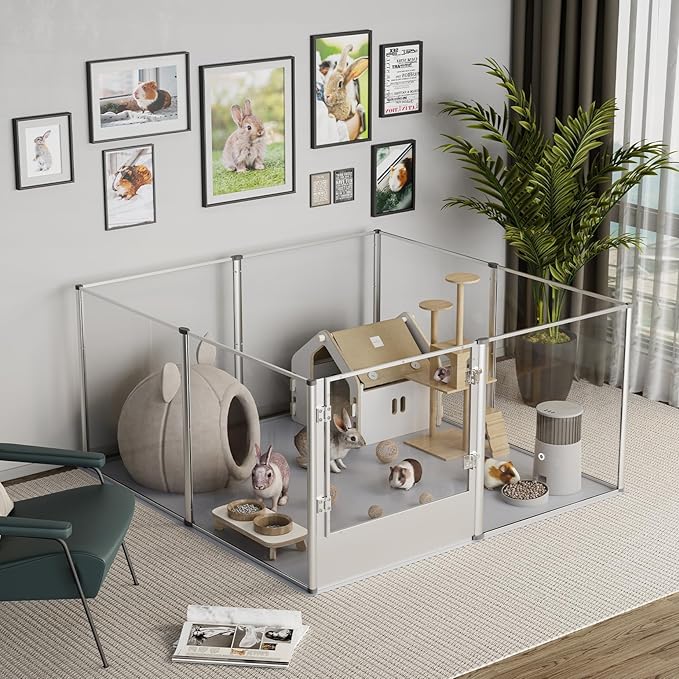 Dog Clear Playpen Fence Kennel: Pet Indoor Heavy Duty Whelping Box Pen Cage with Waterproof whelping pad - Small Animal Acrylic Exercise Kennel Pen with Metal Frame for Cats Puppy Rabbits Guinea Pig-PawvioPets