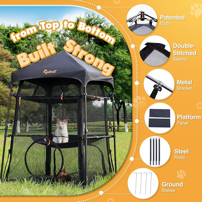 Extra Large Catio Outdoor Cat Enclosure, Rywell 3-Tier Spacious Outdoor Cat Tent, Weatherproof&Sunproof with 5 Windows, Foldable Cat Enclosure for Patio, Camping, Indoor(Includes Carry Bag)-PawvioPets
