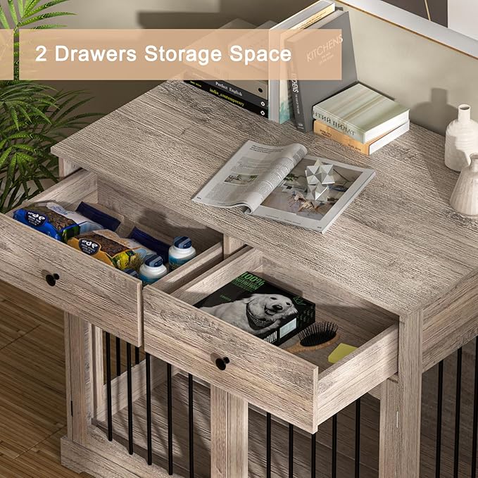 BREEZEHEAT 40 inch Dog Crate Furniture-Farmhouse Dog Kennel with Drawers-End Table Wooden Pet Crate, Double Door Design, Decorative Dog House Indoor for Small Medium Large Dog, Oak Grey-PawvioPets